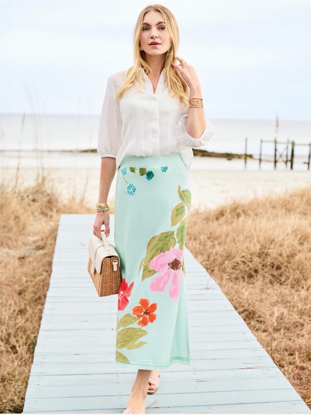 Spartina 449 Jersey Midi Skirt Seawall Blooms Seafoam XS